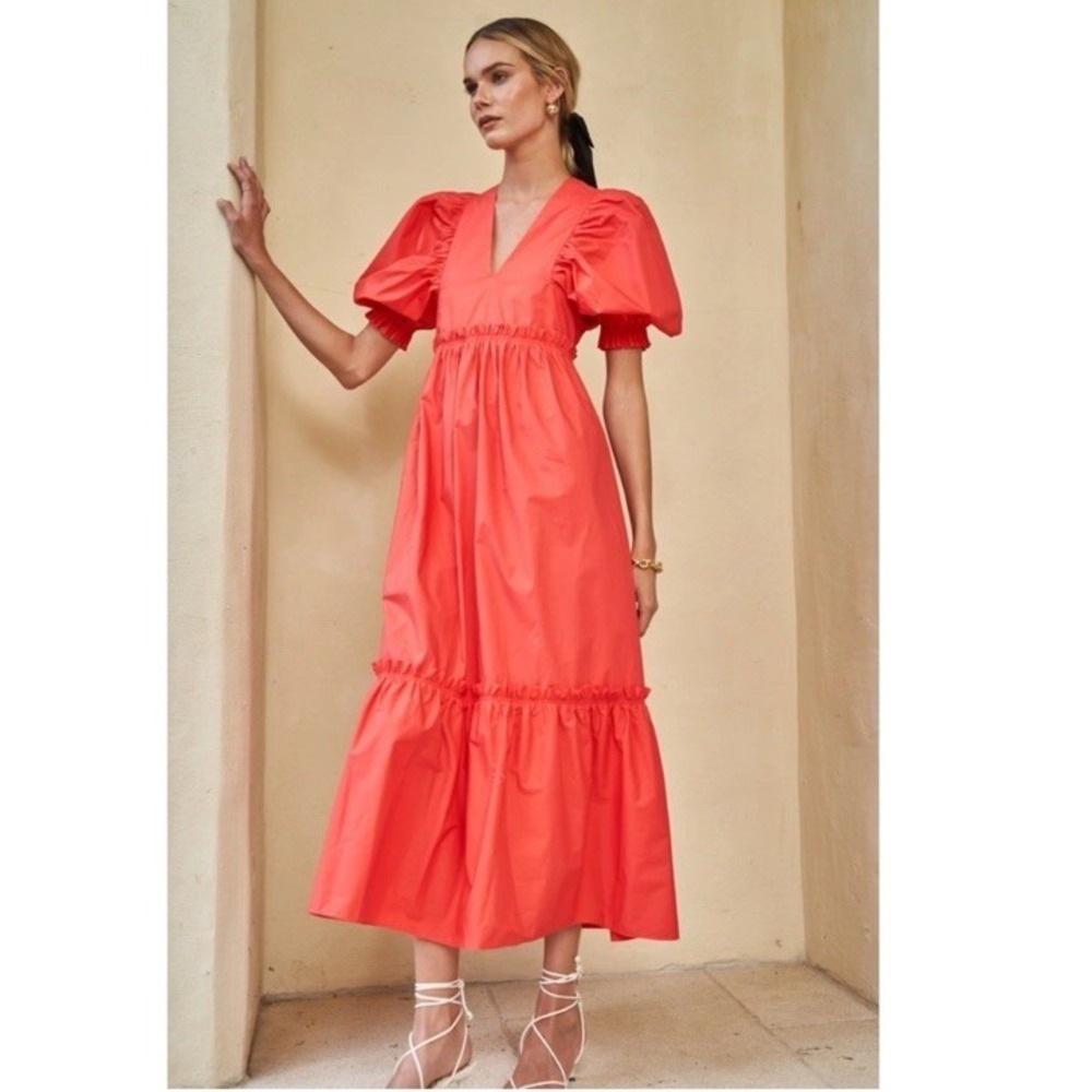 Hunter Bell Palmer Midi‎ Maxi Puff Sleeve Ruffle Dress Cherry Tuckernuck